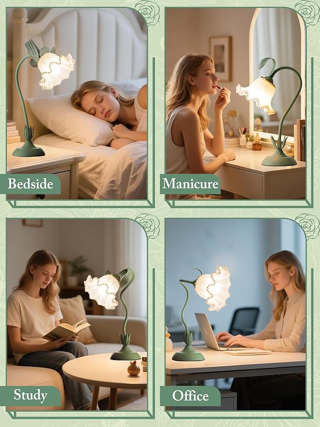 AQDZCNF Flower Table Lamp,LED Reading Light Bedside Vintage Flower Night Light,3 Colors Modes Kawaii Bedside Lamps Decor,Living Room Bedroom Room Lighting Table Lamps Home Decoration (Green Pearls)