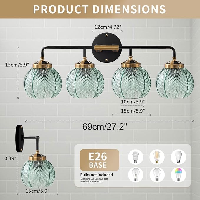 2-Pack Glass Wall 4-Lights Bathroom Vanity Light fixtures Green Glass Globe Shade Mid Century Modern Light Fixture Black Large Wall Sconce for Over Mirror Bath Living Room Cabinet