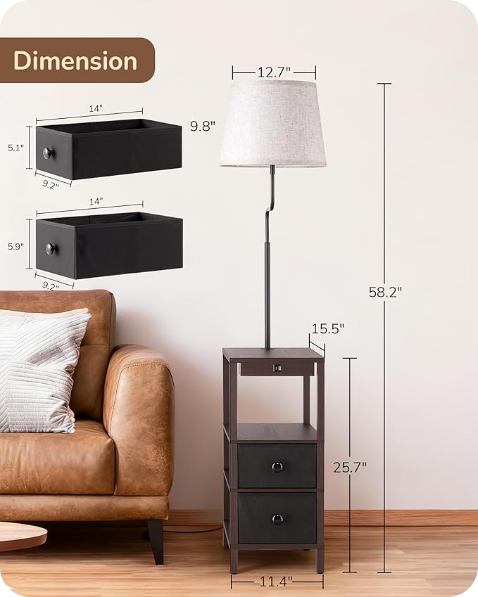 EDISHINE Floor Lamps for Living Room, Dimmable Bedside Floor Lamp with Table and 2 Shelves, USB-A+Type-C Port, Farmhouse Standing Light for Bedroom, Den, Office, Kids Room with Bulb, Dark Walnut