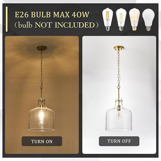 CATINER 12" Gold Glass Pendant Light, Seeded Bubble Shade Modern Farmhouse Hanging Light for Kitchen Island, Dining Room, E26 Dimmable Ceiling Fixture
