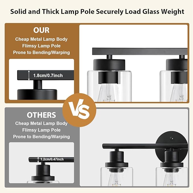 IZORRO Modern Bathroom Light Fixtures, 3 Light Black Vanity Lights, Bathroom Lighting Fixtures Over Mirror with Clear Glass for Living Room Cabinet Bedroom
