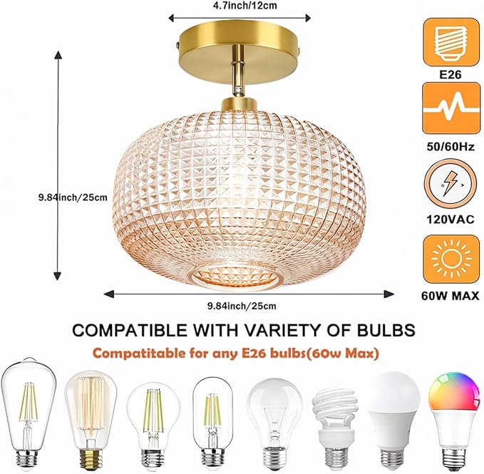 Semi Flush Mount Ceiling Light,Vintage Ceiling Light Fixture,Upgrade Sloped Ceiling Light Fixture with Amber Glass Shade,Art Decor Light Fixture,Kitchen Lighting Fixtures for Bedroom,Porch
