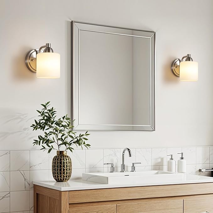 Mecgirn Brushed Nickel Milk Glass Wall Sconces, 1 Pack Hardwired Indoor Wall Light Fixtures for Living Room, Hallway, Bedroom, Ceramic E26 Sockets (Bulbs Not Included)