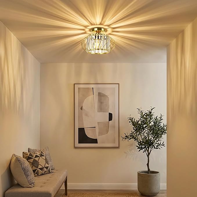 Gold Crystal Ceiling Light Fixture - Small Crystal Chandelier Semi Flush Mount Ceiling Light Modern Hallway Lights fixtures for Entryway Bedroom Porch Kitchen (11 Inch, Bulb not Included)