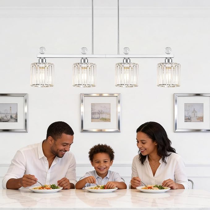 Lxybcce 32" Crystal Island Light for Kitchen Over Table, 4-Light Chrome Linear Pendant Light for Dining Room, Modern Ceiling Hanging Chandelier with Adjustable Height & Clear Crystal Shades, E26 Base