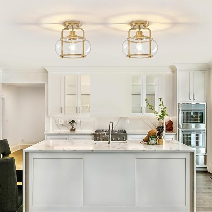 TOULMJ Semi Flush Mount Ceiling Light, Gold Ceiling Light Fixture with Drum Glass Shade, Modern Hallway Light Fixture for Kitchen Dining Room Foyer Entryway Bedroom Laundry Room Bathroom