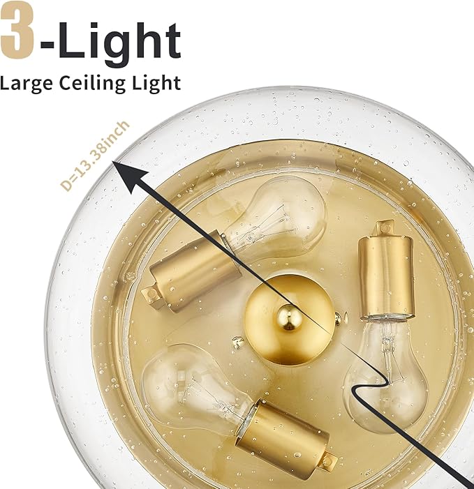 Darkaway Large Ceiling Light Fixtures 3-Ight Flush Mount Indoor Outdoor Ceiling Light with Seeded Glass Shade for Hallway Kitchen Bedroom Porch Living Room Dining Room Gold Finish