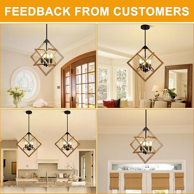 18" Modern Pendant Lights Kitchen Island, 4-Light Black + Wood Grain Farmhouse Pendant Light Fixtures, Industrial Hanging Pendant Lights Fixture for Kitchen Island Dining Room Hallway Foyer Entryway