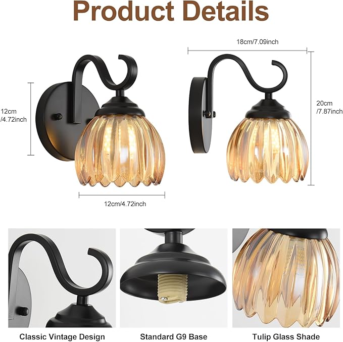lobolighting Vintage Wall Sconce with Amber Tulip Glass Lampshade Black Sconce Bathroom Vanity Light Fixtures Hardwired Modern Wall Lighting Fixture for Bedroom Bedside Door Header