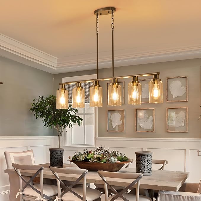 Dining Room Light Fixtures Over Table,6-Light Farmhouse Kitchen Island Lighting,44.3'' Linear Chandelier Pendant Lighting for Kitchen Island for Brushed Nickel Finish with Clear Glass Shade