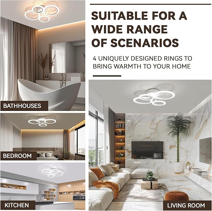 48W LED Ceiling Light, 2800K-7000K Dimmable Kitchen Light Fixtures, White 4 Arylic Ring Flush Mount Lights for Living Room, Round Chandeliers Lampara de Techo for Bedroom, Small Room
