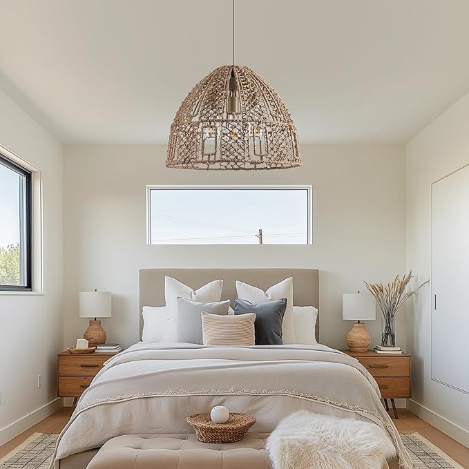 17.71" Rattan Pendant Light,Boho Hand Woven Wicker Hanging Light Seagrass Rattan Chandelier for Dining Living Bedroom