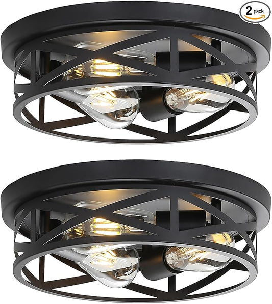 13 Inch Flush Mount Ceiling Light 2-Pack, Farmhouse Metal Cage Semi Flush Mount Ceiling Light Fixtures, Black Close to Ceiling Light for Hallway Kitchen Bedroom Entryway