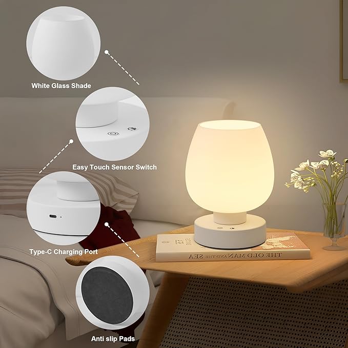 KARTOOSH Cordless Touch Bedside Table Lamp, Rechargeable Battery Operated Desk Lamps with 8 RGB Colors, Dimmable Small Glass Nightstand Light for Living Room Bedroom Kitchen Counter