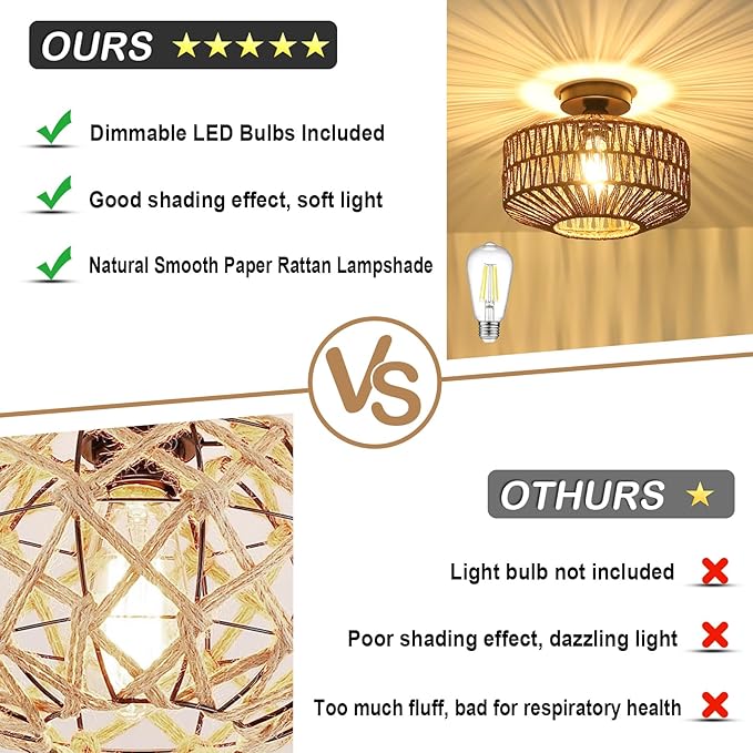 Boho Rattan Light Fixtures, Dimmable Ceiling Light with LED Bulb, Hand Woven Rattan Chandelier for Bedroom, Living Room, Entryway (Dark Brown)