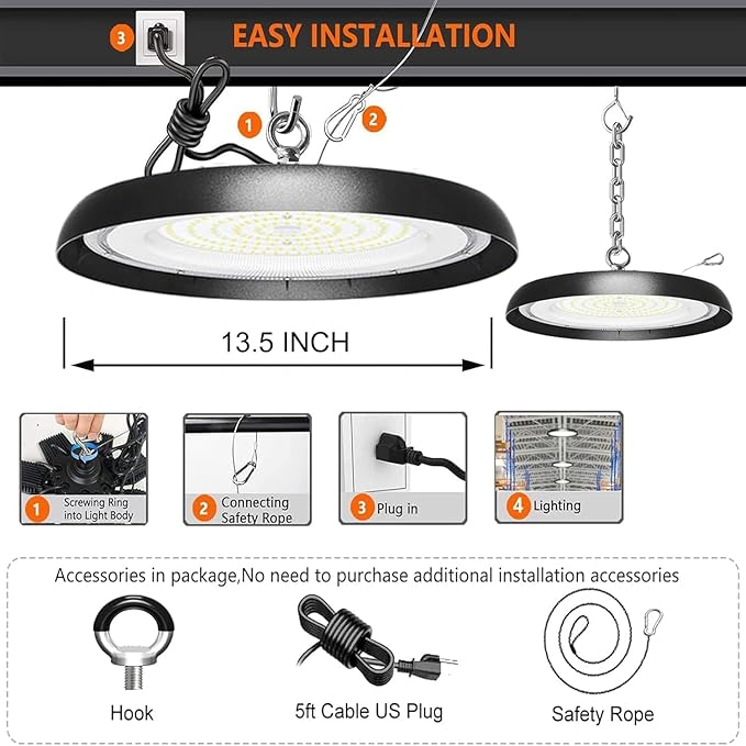 6Pack 300W UFO LED High Bay Light,33000lm 6000K Daylight 3000W Equivalent with 59inch US Plug Cable Garage Lights Commercial Warehouse Bay Light for Garage Factory Lowbay Area Lighting