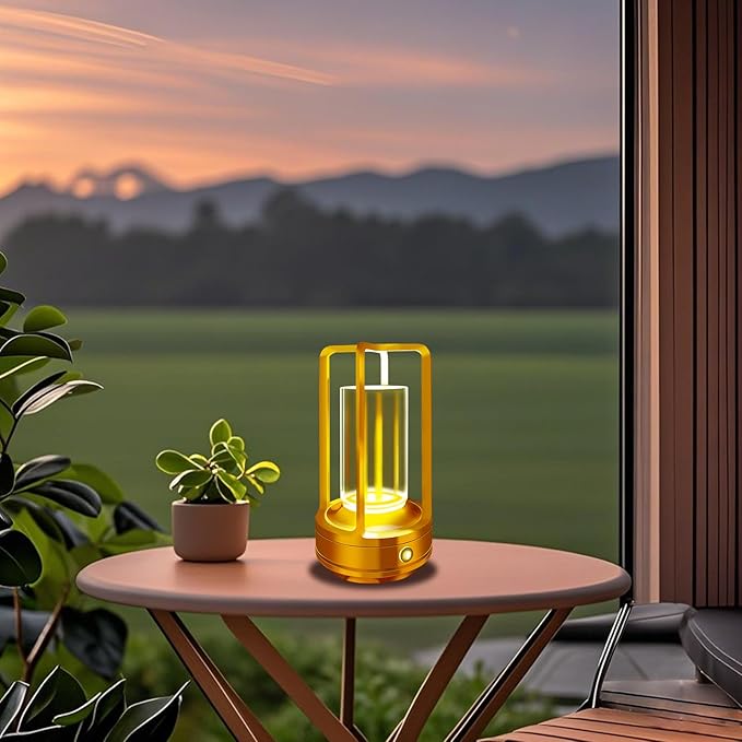 Outdoor Table Lamp, 4000mAh Rechargeable Battery Operated lamp, 3 Color Stepless Dimmable Cordless Table Lamp for Patio, Camping, Coffee Table, Crystal Lantern lamp for Indoor/Outdoor (Gold Set of 2)