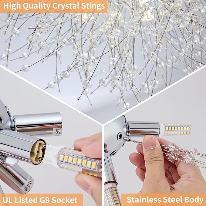 CM MZY Chrome Firework Flush Mount Ceiling Light Fixture, Modern Crystal Sputnik Firework Ceiling Lights, 6-Light Close to Ceiling Lighting Fixtures for Bedroom Kitchen Hallway Entryway