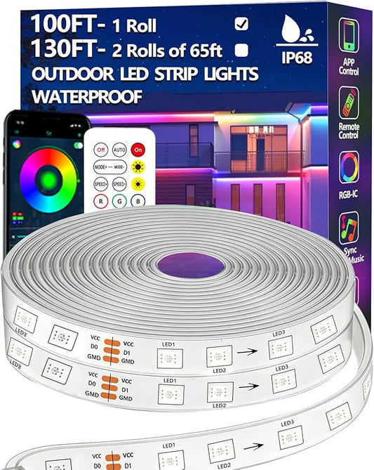 100FT Outdoor LED Strip Light Waterproof,IP68 Outside RGB Light Strip with App/Remote Control,Chase Mode,Music Sync Rope Light for Balcony,Deck,Rooftop,Garden,Pool
