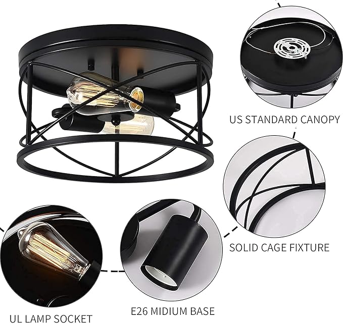2-Light Flush Mount Ceiling Light Fixture, Industrial Modern Black Ceiling Lamp, Vintage Farmhouse Light Fixture for Hallway, Bedroom, Dining Room, Living Room, Kitchen, Entryway