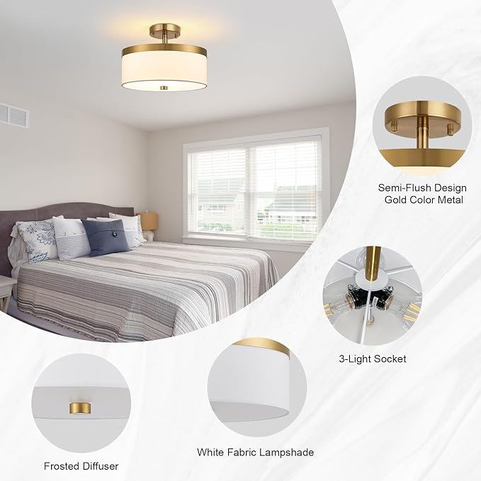 3-Light Flush Mount Ceiling Light,12”Close to Ceiling Light Fixture, Modern Gold Ceiling Light with White Fabric Shade Design for Hallway,Bedroom,Entryway or Laundry