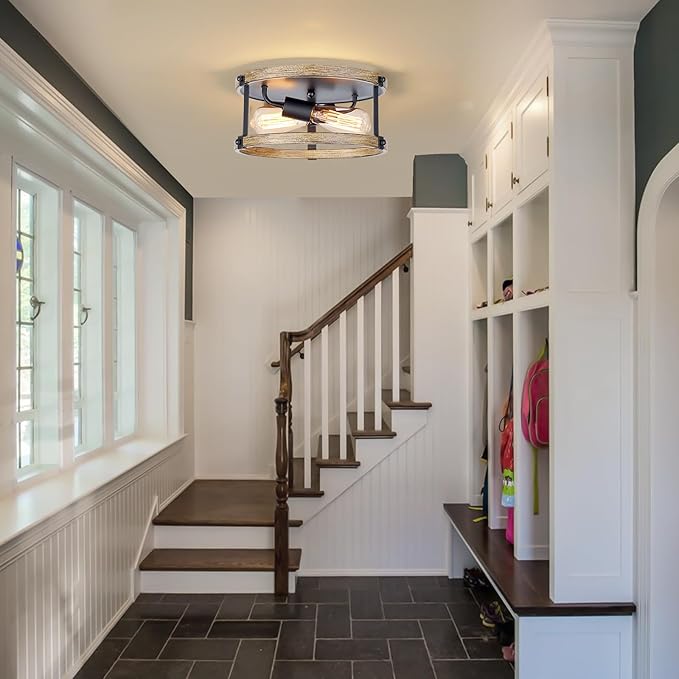 2 Pack Farmhouse Flush Mount Ceiling Light Fixture, 12.5 Inch 2-Light Rustic Ceiling Mount Light Fixtures, Round Drum Brown Wood Finish Flush Mount Lights for Kitchen Bedroom Hallway Dining Room