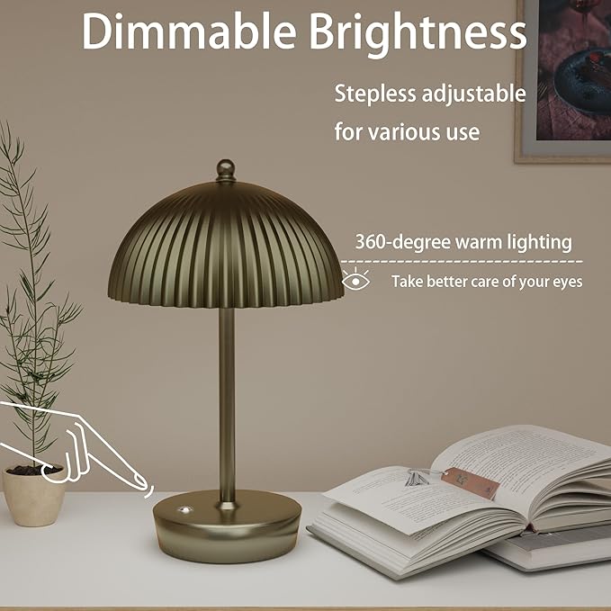 Small Portable Cordless Table Lamp, 3-Way Dimmable Touch Rechargeable Battery Powered Mushroom Lamp Bedroom Dining Table Living Room Shelf Decor,Gold