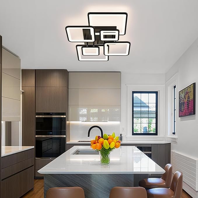 31.5''Dimmable Modern LED Ceiling Light Black 6Rings Square Ceiling Lamp 3000K-6500K Flush Mount Ceiling Lightwith Remote for Dining Room, Kitchen, Living Room