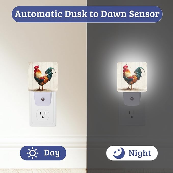 Charming Rooster Night Light, Plug-into Wall Nightlight with Dusk to Dawn Sensor, Energy Efficient Lamp for Bedroom/Bathroom/Kitchen/Hallway/Stairs