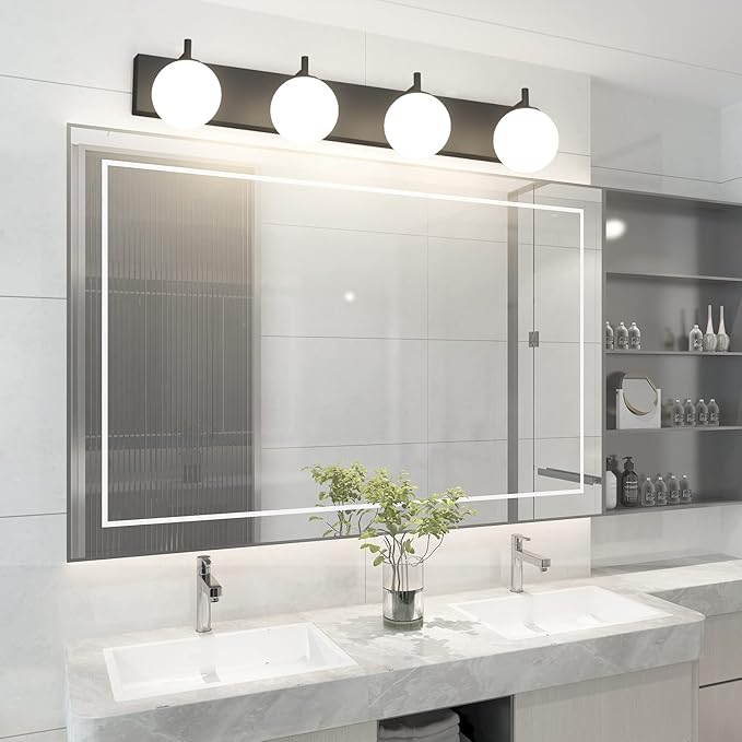 Aipsun Bathroom Light Fixtures, 4 Lights Matte Black Vanity Light, Modern Wall Sconces Lighting, Modern Bath Wall Mounted Lights with Milky Glass Globe(Exclude Bulb)