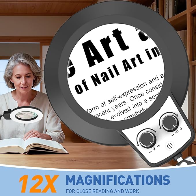 HITTI 12X Extra Long Magnifying Glass with Light, Upgrade Infinite Color and Brightness LED Desk Lamp Clamp, Hands Free 3 Section Magnifier Light Stand for Workbench Craft Reading (12X 35in Clamp)