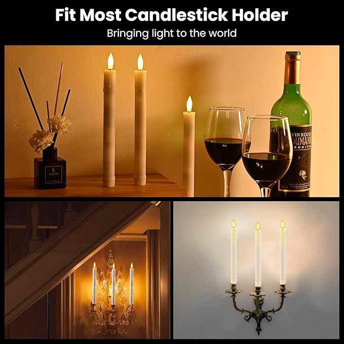 JOSU LED Flameless Taper Candles with Remote Timer, 6 Pcs Ivory Fake Candlesticks Battery Operated 3D Flickering, Realistic Electric Candles Warmer Lamp Light for Wedding Party Home Decor, 0.78"x8.86"