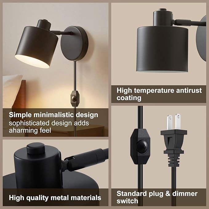 LIGHTESS Plug in Wall Sconces Set of 2 with Switch, 350° Rotatable Dimmable Corded Wall Sconce, Black Wall Lamps for Bedroom Living Room Hallway Kitchen Bedside (Bulb Not Included)