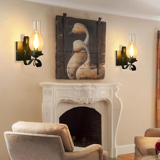 Rustic Wall Sconces Sets of 2, Black Hardwired Farmhouse Wall Sconce Indoor, Retro Wall Lamps with Amber Glass, Vintage Bedside Sconces Wall Lighting Lantern for Living Room Bathroom