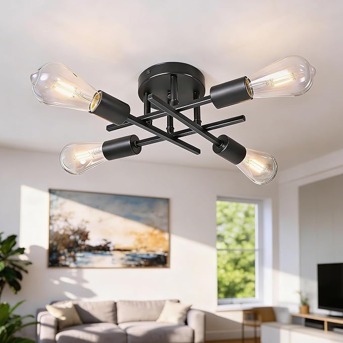 4-Light Semi Flush Mount Ceiling Light Fixture, Black Sputnik Modern Farmhouse Close to Ceiling Chandelier Lighting for Bedroom, Dining Room, Kitchen, Living Room, Matte Black E26 Base