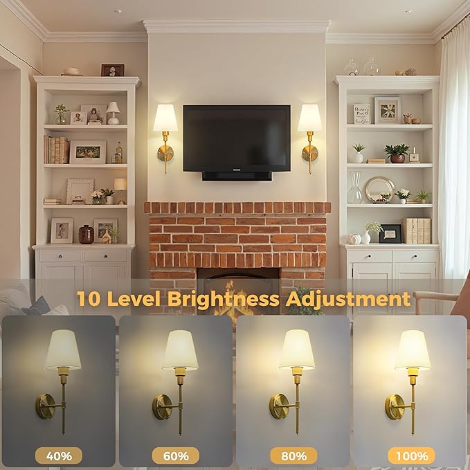 DORESshop Battery Operated Wall Sconce Set of 2, Wall Light Wireless Easy to Install, Dimmable and Adjustable Sconces Wall Decor, Rechargeable Wall Lamp for Bedroom, Living Room, Gold 18.7in