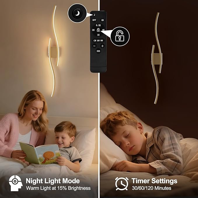 Modern LED Wall Sconce Set of Two, Dimmable Battery Powered Wall Sconces, 3000K-6500K Wireless Wall Light, Rechargeable Wall Lamp Indoor not Hardwired for Room Bedroom Corridor, 39.3in(Gold)