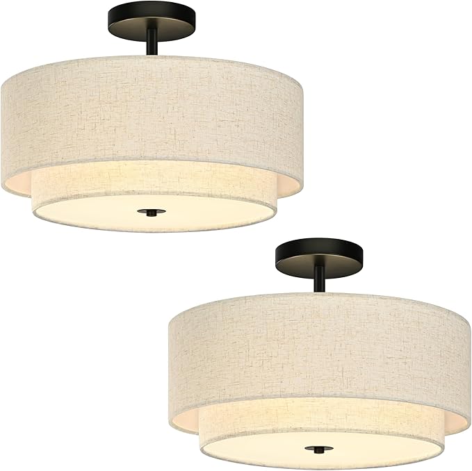 Bagood 16 Inch 3 Light Semi Flush Mount Ceiling Light Fixture Modern 2 Pack Black Drum Ceiling Light Fixture with 2-Layer Fabric Shade Dimmable Close to Ceiling Light for Bedroom Living Room Hallway