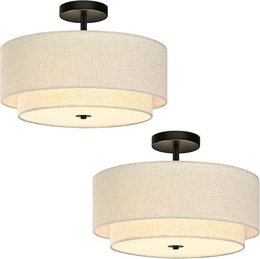 Bagood 16 Inch 3 Light Semi Flush Mount Ceiling Light Fixture Modern 2 Pack Black Drum Ceiling Light Fixture with 2-Layer Fabric Shade Dimmable Close to Ceiling Light for Bedroom Living Room Hallway