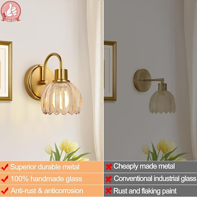 2-Pack Brushed Gold Bathroom Vanity Light, Single-Head Wall Sconce with Ribbed Amber Tulip Glass Shade, Vintage Bathroom Light Fixtures for Bedroom, Hallway & Bedside (Bulbs Not Included)