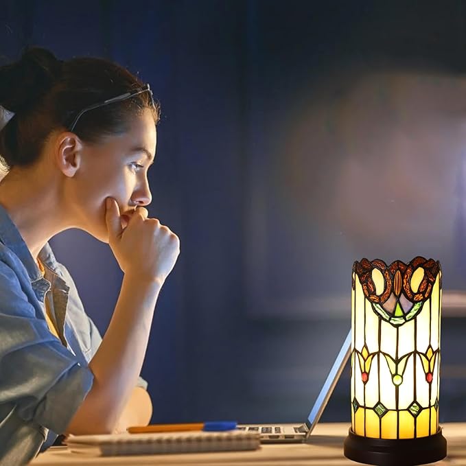 Tiffany Style Table Lamp For Bedroom Blue Dragonfly Stained Glass Nightstand Bedside Night Lamp Party Light Hand-made Art Home Deco Christmas Gifts 2 LED Bulbs (3 Color Temperatures+Flame Bulb)