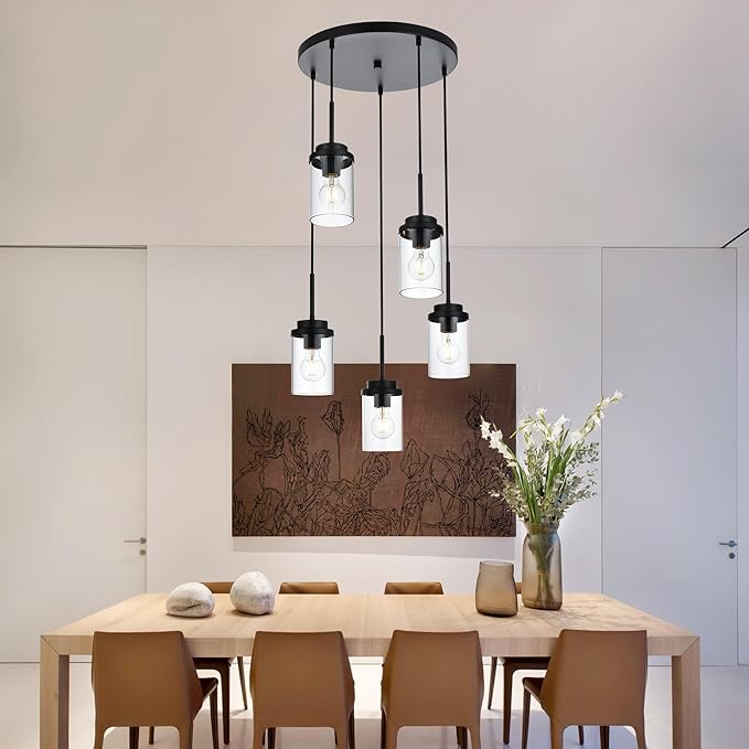 MELUCEE 5-Light Pendant Light Fixtures Ceiling Hanging Cluster Chandelier Black with Clear Glass Shade, Modern Pendant Lighting for Kitchen Island Dining Room Living Room