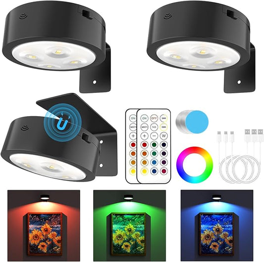 3 Pack Picture Lights for Wall, 13 RGB Color Rechargeable Battery Operated wall lights, Picture Frame lights with 3 Lighting Modes, Wireless Magnetic Painting Light with Remote Control Timer, (Black)