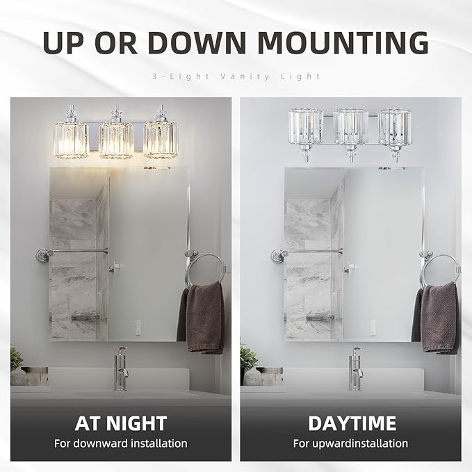 3-Light Modern Bathroom Light Fixture Chrome Bathroom Vanity Lights Over Mirror Wall Sconce Lighting with K9 Crystal Shades E26 Base for Bedroom, Living Room, Hallway, Cabinet Wall Lamp