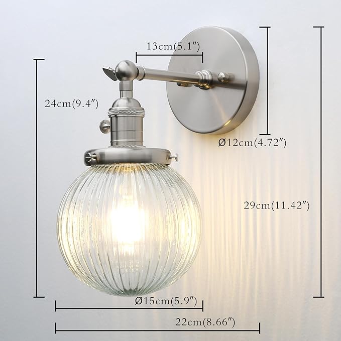 PERMO Sconce with Switch Industrial Gold Wall Sconce Lighting with Ribbed Globe Lampshade (Brushed, 1 Light-Hardwired)