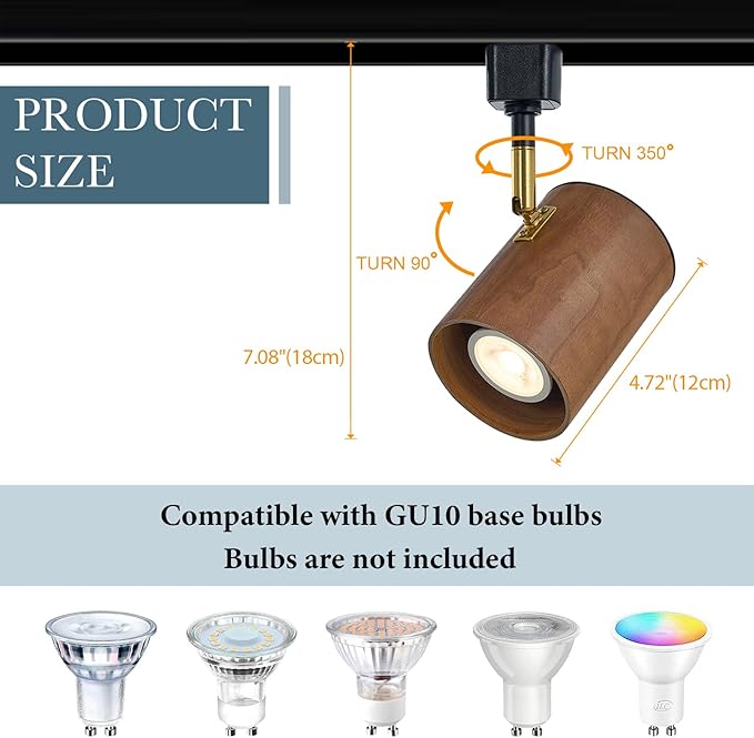 Modern H Type Track Lighting, Adjustable Black Finish and Real Dark Wood Lampshade Spotlight Heads, Brass Swivel Item Kit, for Accent Retail-Pack of 3