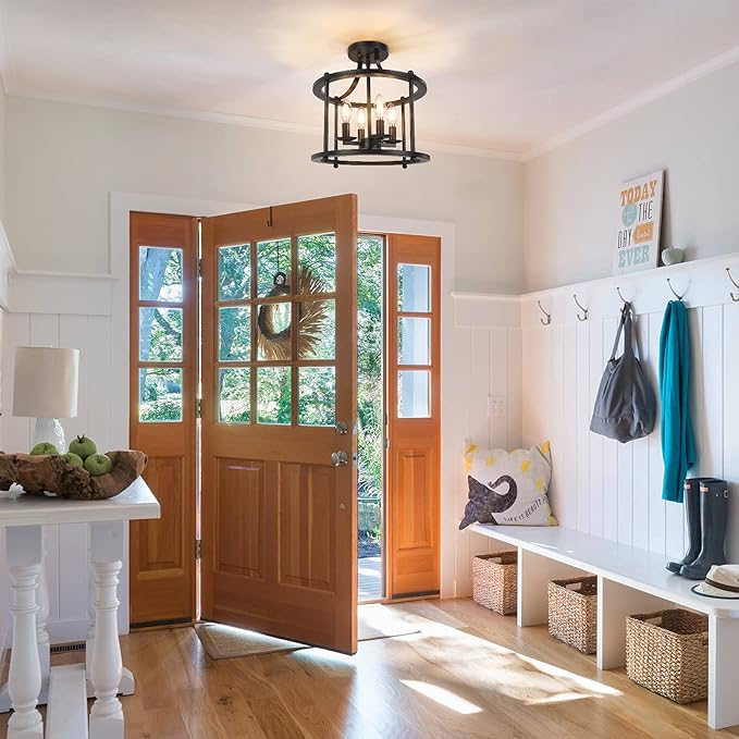 Farmhouse Semi Flush Mount Ceiling Light Fixture, 4-Light Industrial Ceiling Light w/ E12 Base Metal Rustic Vintage Chandelier Lighting for Kitchen Dining Room Hallway Entryway Foyer (Matte Black)
