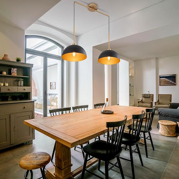 Farmhouse Pendant Lights Kitchen Island, 2 Light Black and Gold Dome Pendant Light, Industrial Modern Kitchen Island Lighting for Dining Room, Restaurant, Cafe, Bar