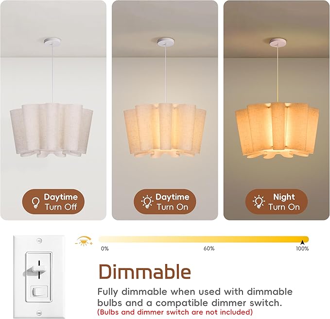 Littleglovo 15.7" Pendant Lights Kitchen Island, 1-Light Linen Petal Lampshade Dining Room Light Fixture Modern Chandeliers Hanging Pendant Lighting for Bedroom Nursery Living Room Foyer Entryway
