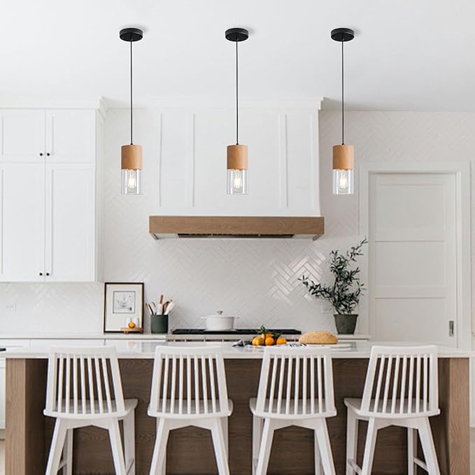 3-Pack Modern Pendant Lights for Kitchen Island, Adjustable Pendant Light Fixtures with Raw Wood Grain, Industrial Clear Glass Pendant Lights for Dining Table Hallway Bedroom Living Room